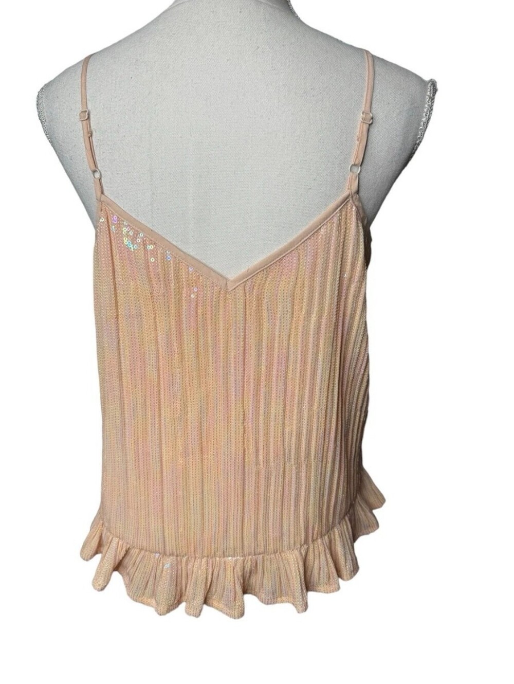 Anthropologie Amelie Sequin Shimmery Blush Pleated Ruffle Spaghetti Cami Top- 10 - Picture 14 of 14